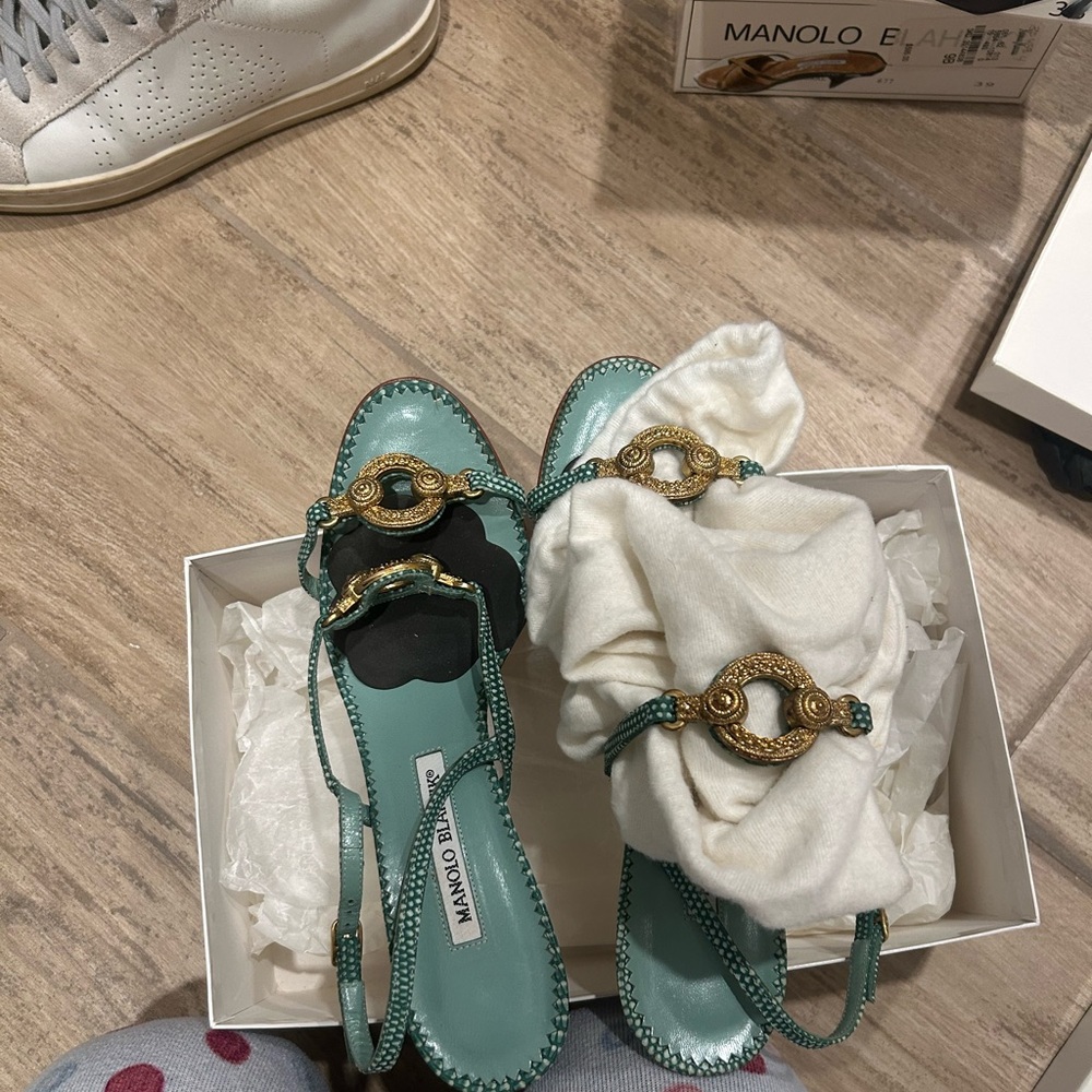 Manolo Blahnik Green Heels with Gold Accents